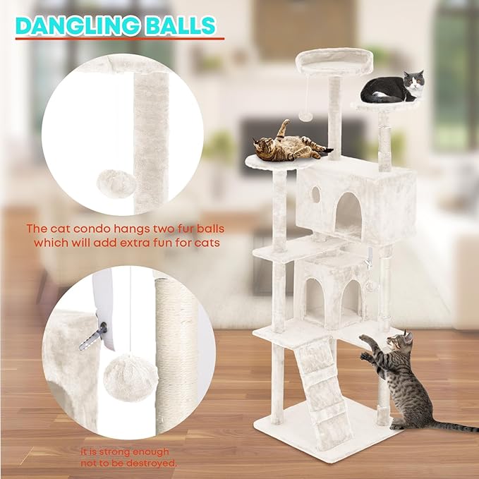FDW Cat Tree 70in Cat Tower Multi-Level Durable Cat Scratching Post & Cozy Fun Cat Jumping Platform Space Saving Cat Condo Pet Play House for Indoor Cats,Beige-Mewly Pet
