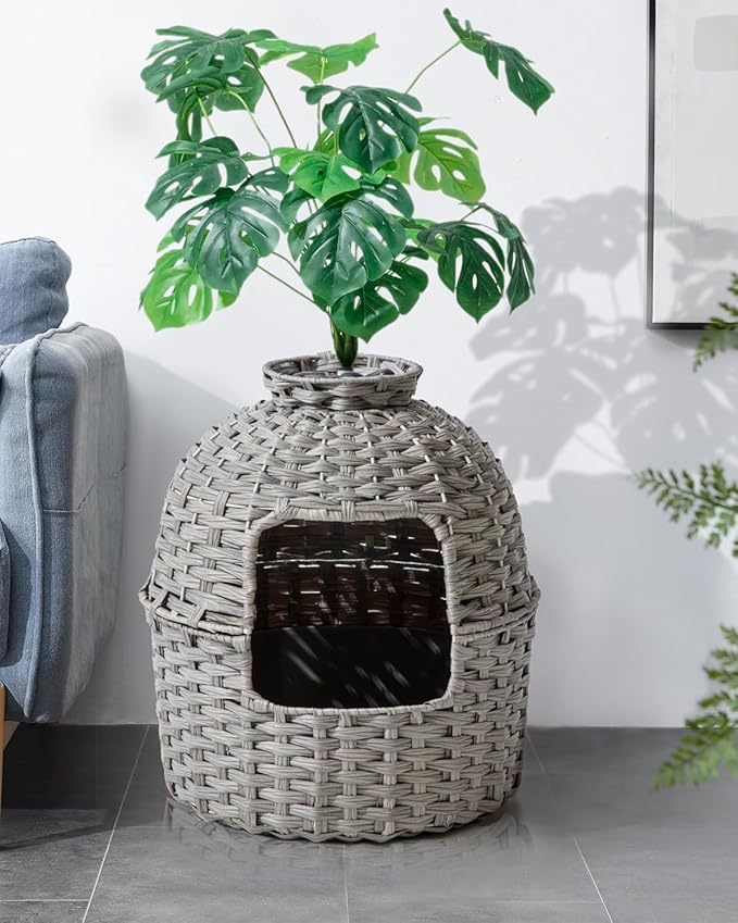 Cat Litter Box Plant Enclosure, Hidden Handwoven Rattan with Cat Litter Box Furniture and Artificial Plants, Odor Control Filter, Real Stones in Living Room, Bedroom, Corner (Gray)-Mewly Pet