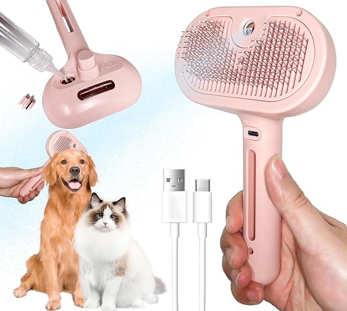 Self-Cleaning Spray Cat Brush for Shedding, Removes Static Flying Hair, and Works Wonders for Both Long and Short-Haired Pets 2 In 1 Cleaning Brush for Cats And Dogs Grooming (pink)-Mewly Pet