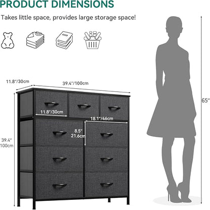 YITAHOME Dresser with 9 Drawers - Fabric Storage Tower, Tall Chest Organizer Unit for Living Room, Entryway with Sturdy Steel Frame, Wooden Top, Black Grey