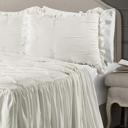 Lush Decor Ravello Pintuck Ruffle Skirt Bedspread Set - Luxe 3 Piece Ruffled Bedding Set - Traditional Glam & Farmhouse Inspired Bedroom Decor - King, White