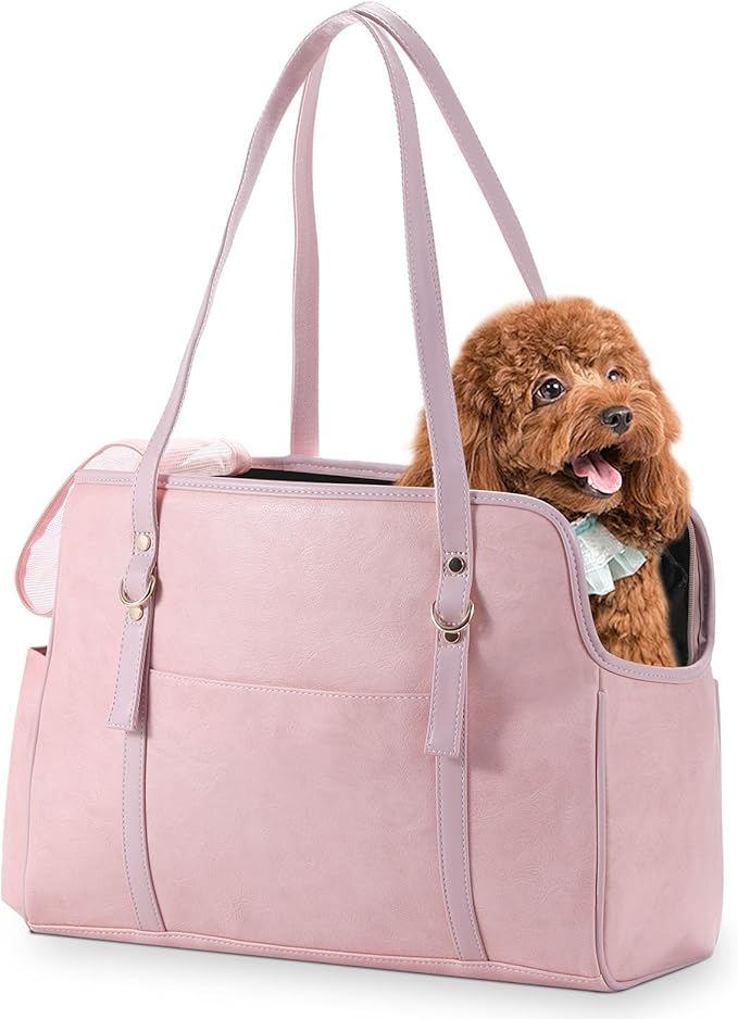 Dog Carrier Purse, Fashion Leather Pet Carrier with Pockets, Airline Approved Soft Sided Dog Carrying Bag for Puppy Cat Dog Pink-Mewly Pet