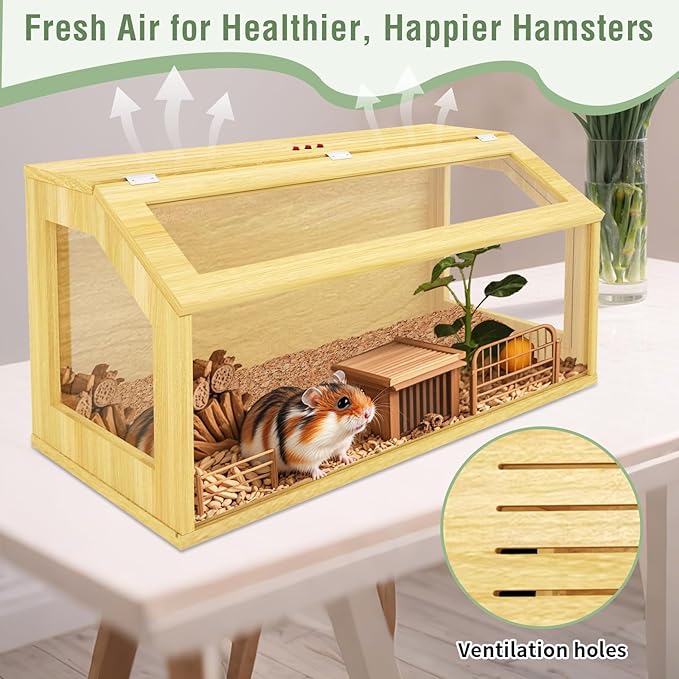 32" Wooden Hamster Cage, Chewproof Gerbil Cages and Habitats, Openable Top Roof Window with Silencing Pad, Guinea Pig Cage for Small Animals, Dwarf and Syrian Hamster, 32 x 16 x 16 Inches-Mewly Pet