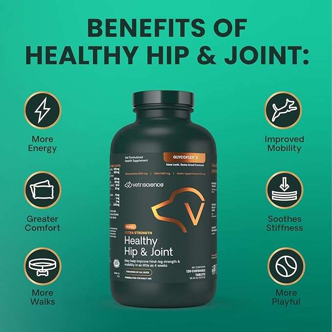 VetriScience Glycoflex 3 Clinically Proven Hip and Joint Supplement for Dogs - Maximum Strength Dog Supplement with Glucosamine, MSM, Green Lipped Mussel & DMG - 120 Chewable Tablets, Chicken Flavor-Mewly Pet