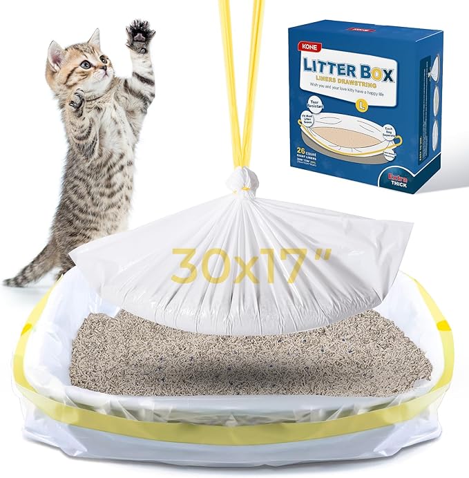 KONE Cat Litter Box Liners, 26 Count Extra Durable Large Drawstring Kitty Litter Pan Bags, 30" x 17"-Mewly Pet