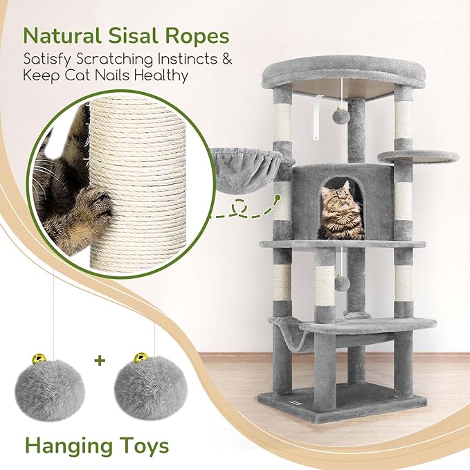 Globlazer Corner Cat Tree Tower for Indoor Cats, 51in Multi-Level Cat Condo Tower with Large Hammock, 7 Sisal Scratching Posts, Oversized Top Perch, Spacious Cat Cave, Hanging Basket, C51, Light Gray-Mewly Pet
