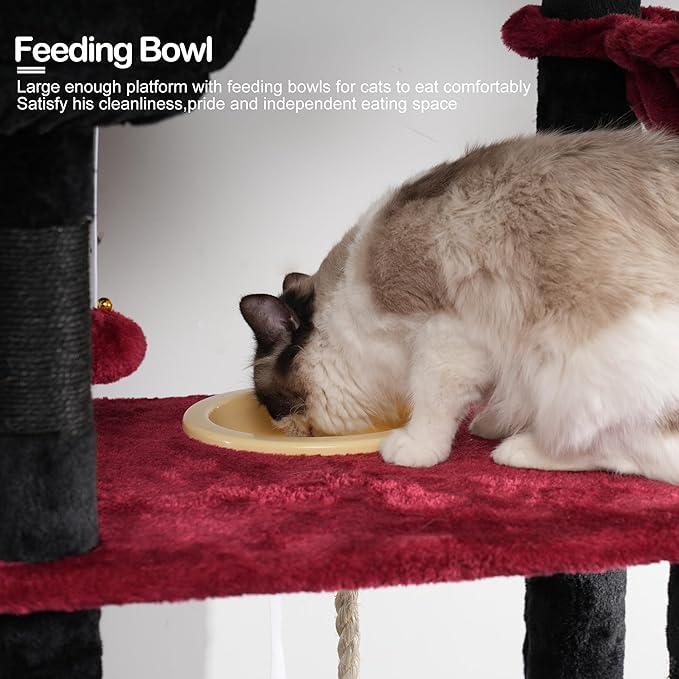 Heybly Tall Cat Tree, 78-inch Multi-Level Cat Tower for Indoor Cats, 2 Widened Plush Perches Cat Condo with Scratching Board and Big Caves, Black and Red HCT033BR-Mewly Pet