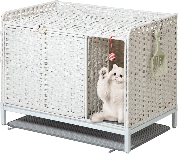 Cat Litter Box Enclosure Furniture with Divider, Handwoven Rattan Litter Box with Mat, 31.2 x 19.6 x 24.2 Inches, Metal Heightened Feet, Hidden Cat House for Living Room, Bedroom (White)-Mewly Pet