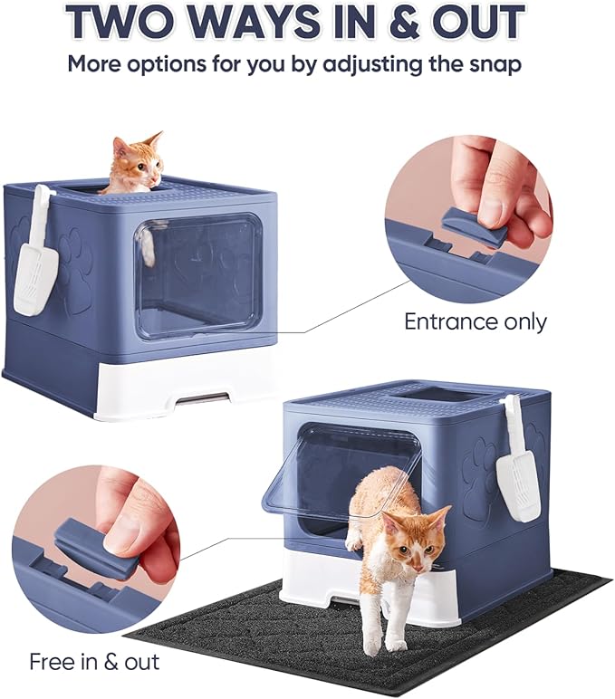 Cat Litter Box with X-Large Litter Mat and Scoop, Large Foldable Litter Box with Lid, Enclosed Kitty Box,Front Top Entry Exit, Odor Control Easy to Clean (Upgrade Midnight)-Mewly Pet