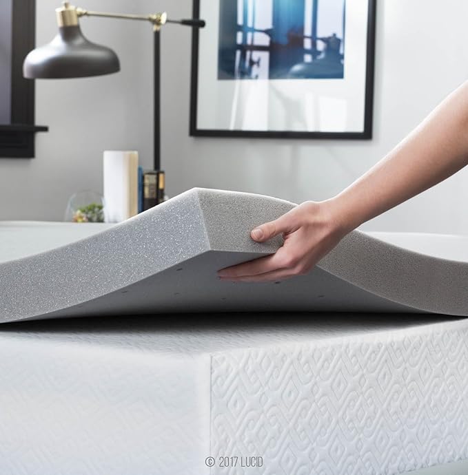 Lucid 3 Inch Ventilated Bamboo Charcoal Memory Foam Mattress Topper, CertiPUR-US Certified, Moisture and Odor Control-Queen