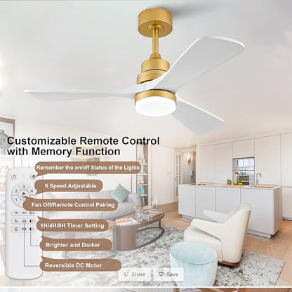 BOJUE 42 Inch Wood Ceiling Fans with Lights and Remote, White Gold Outdoor Ceiling Fan with Light, Dimmable 3 Blades Outdoor Fans for Patios Noiseless Modern Ceiling Fans for Bedroom Living Room