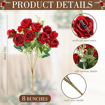Zeyune 8 Pack 12 Inch Wedding Bouquets for Bride Bridesmaid Red Artificial Rose Bouquet Fake Silk Roses Flowers Bunches Bulk for Home Office Garden Parties Decoration