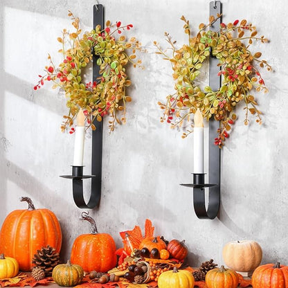 2 Set Rustic Wall Candle Sconces Holder Thanksgiving Fall Decor 18.5" Vintage Metal Wall Mount Candle Holder with Wreath for Farmhouse Living Room Indoor, Only Applicable to LED Candles