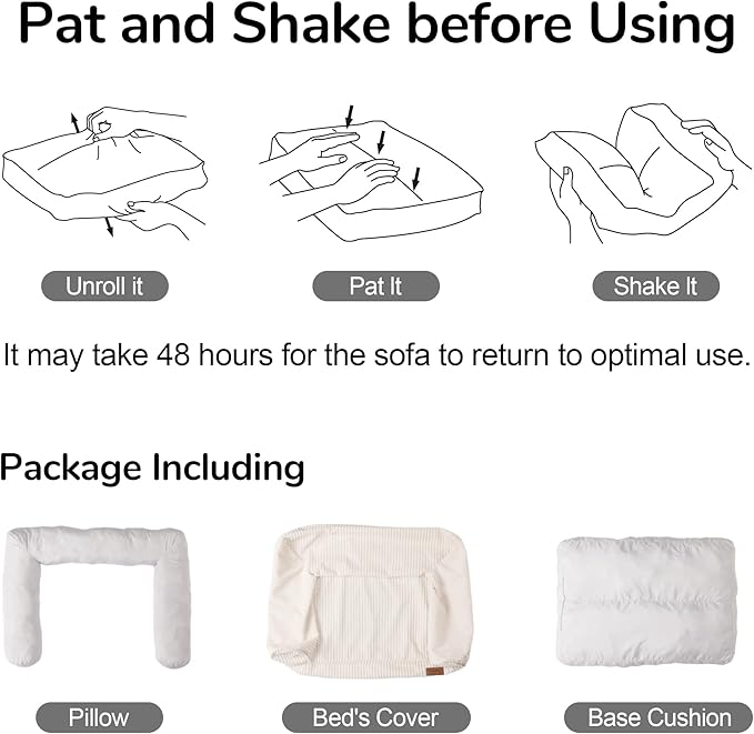 FUKUMARU Dog Couch Bed, Corduroy Cozy Cat Bed for Indoor Cats with Washable Cover, Supportive Waterproof Dog Beds Sofa for Small Dogs and Large Cats Cute, 28inch, Medium, Light Grey-Mewly Pet