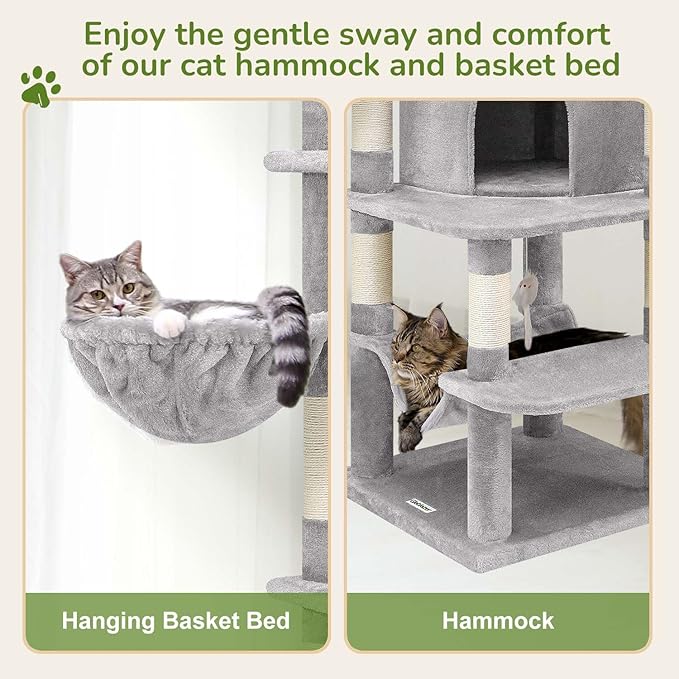 Globlazer Corner Cat Tree Tower for Indoor Cats, 51in Multi-Level Cat Condo Tower with Large Hammock, 7 Sisal Scratching Posts, Oversized Top Perch, Spacious Cat Cave, Hanging Basket, C51, Light Gray-Mewly Pet