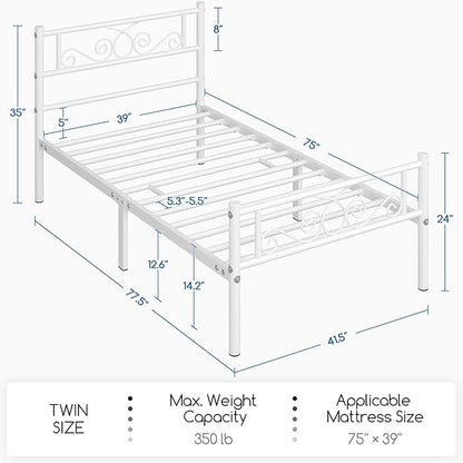 Yaheetech Twin Bed Frames Metal Platform Bed with Headboard and Footboard No Box Spring Needed Easy Assembly,Under-Bed Space: 12.6''/White/Twin Bed