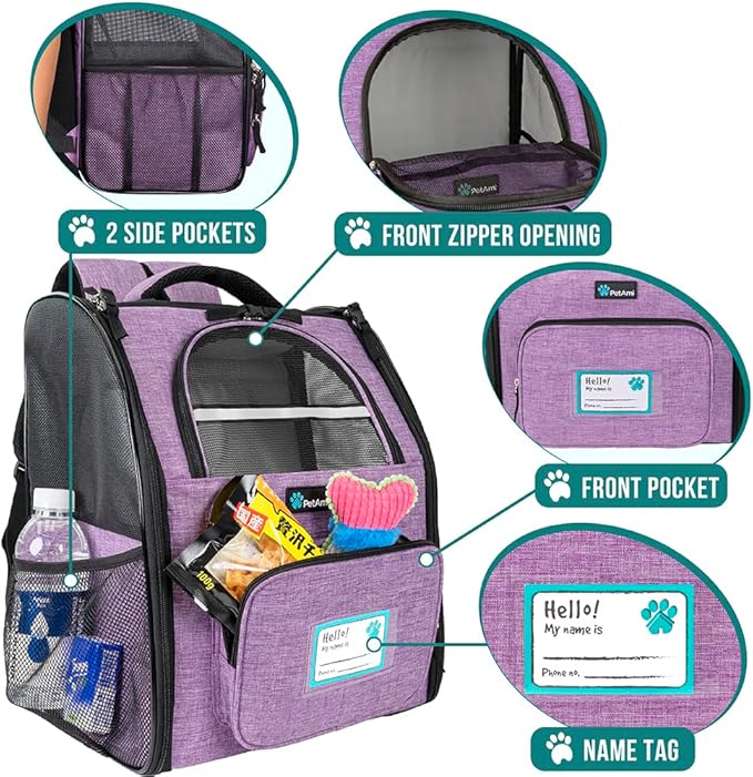 PetAmi Dog Backpack Carrier for Small Large Cat, Pet, Puppy, Ventilated Pet Hiking Backpack Travel Bag, Airline Approved Cat Backpack Carrier, Camping Biking Dog Bag Up to 18lbs Pet, Purple-Mewly Pet