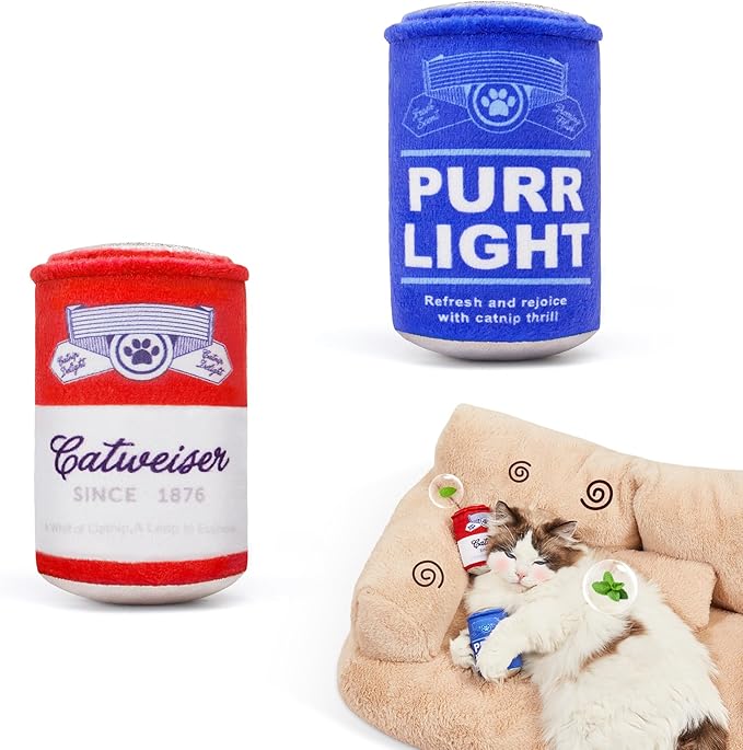 Potaroma Beer-Simulation Cat Toys 2Pcs Catnip Crinkly Sound Toy, Durable Kitten Bite Kicker Toys, Indoor Feline Exercise 4.0 Inches for All Breeds-Mewly Pet
