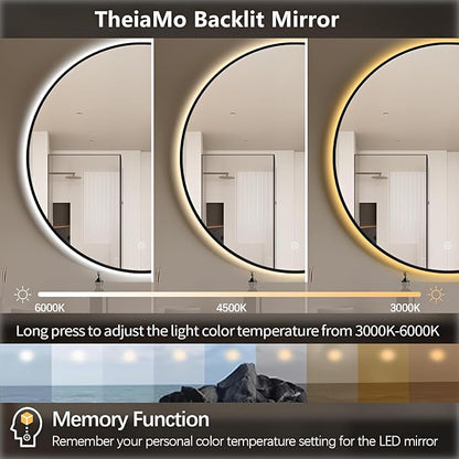 24" Round LED Bathroom Mirror, Wall Mounted Backlit Vanity Mirror with 45° Beveled Frame Lighted Mirror for Bedroom, Fog Free 3-Color Dimmable Lights Memory Function, Black