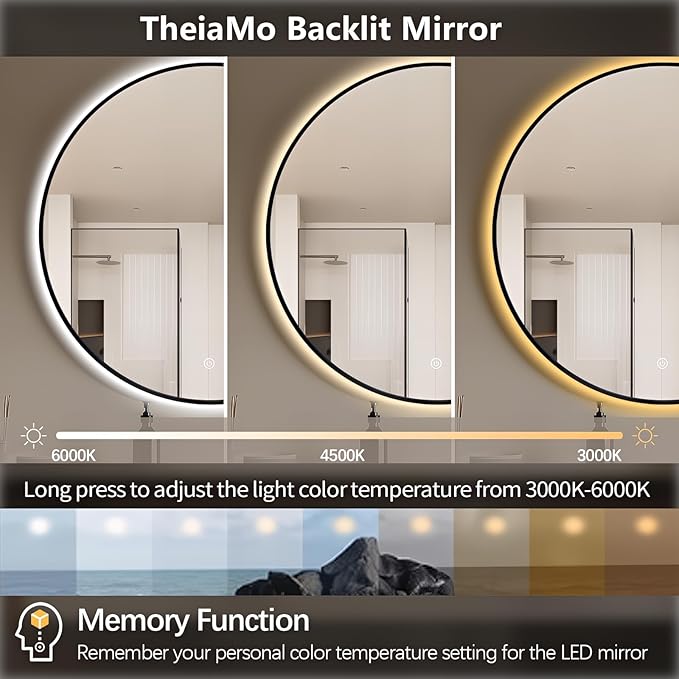 26" Round LED Bathroom Mirror, Wall Mounted Backlit Vanity Mirror with 45° Beveled Frame Lighted Mirror for Bedroom, Fog Free 3-Color Dimmable Lights Memory Function, Black