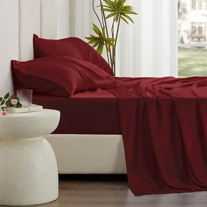 Love's cabin Twin XL Satin Sheet Sets - 3 Piece Burgundy Silky Bed Sheets with Deep Pockets, Luxury Silk Feel Satin Sheet Set Twin XL (1 Flat Sheet,1 Fitted Sheet,1 Pillow case)