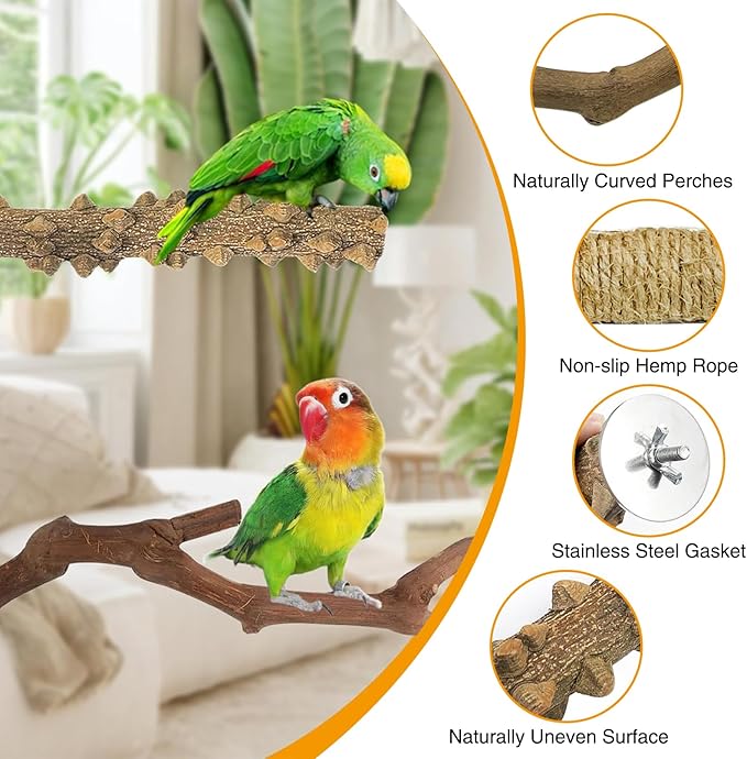 kathson 5pcs Natural Parrot Perch for Cage Wooden Bird Perches Grape Bird Stick Parakeet Climbing Standing Branches Toy Chewable Cage Accessories for Small Budgies Cockatiels-Mewly Pet