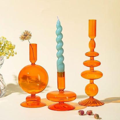 Rtteri 3 Pcs Glass Candlestick Holders Glass Candle Holders Groovy Wavy Elegant Taper Candle Stick for Wedding Home Birthday Party Christmas Halloween Decoration Windowsill Decor(Brown)