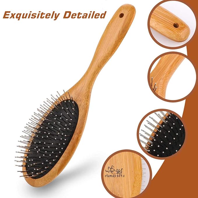 ClumsyPets Dog & Cat Ball Pin Slicker Grooming Brush with Bamboo Handle for Pets Massage Bath and Removes Mats Loose Fur Hairs-Mewly Pet