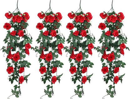 RECUTMS Hanging Rose Flowers Artificial Vine PlantsFlower Garland for Home Room Garden Wedding Indoor Outdoor Decoration (Red)