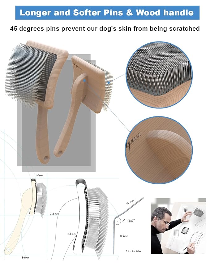 Dog Slicker Brush for Large Dogs, Professional Doodles Brush for Poodles, Goldendoodles and Labradoodles - Easy to Remove Tangles, Mats and Fluff - 3.8"x3.2" Head, 8" Wood Body-Mewly Pet