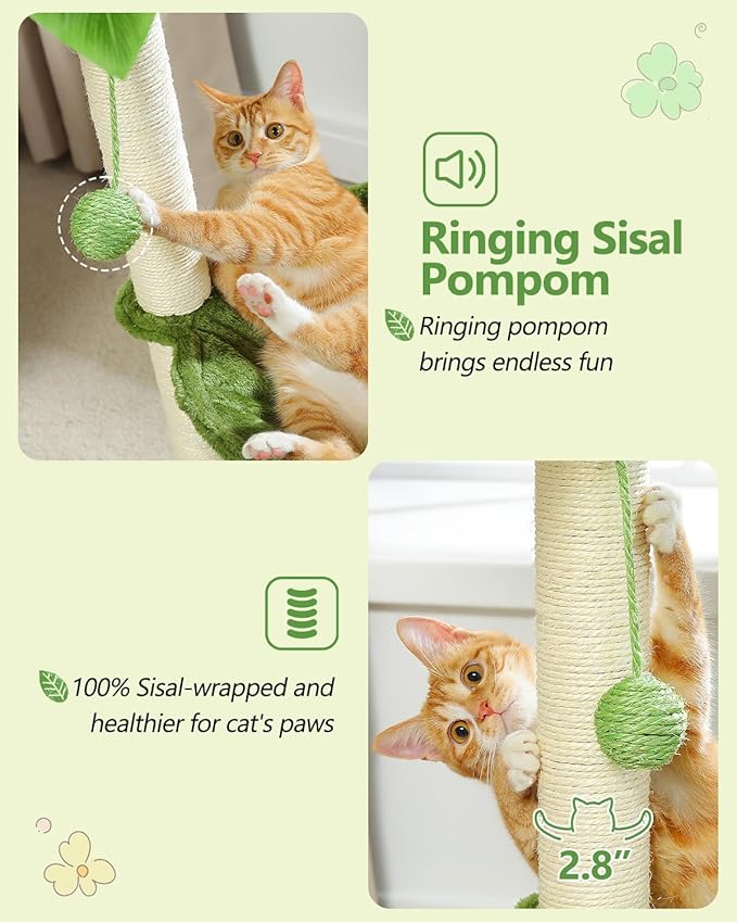Small Cat Tree, 28" Cat Tower with Sisal Scratching Posts and Coconut Leaves for Indoor Small Cats, Large Hammock and Dangling Ball for Kittens, Green-Mewly Pet
