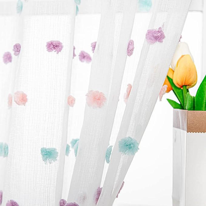 MYSKY HOME Extra Long Rainbow Pom Pom Curtains - 120 Inch, Multi-Color Sheer Curtains for Living Room, Sliding Door, Light Filtering, Semi-Rod Pocket, Large Window Panels, 52 x 120 inch, 2 Panels