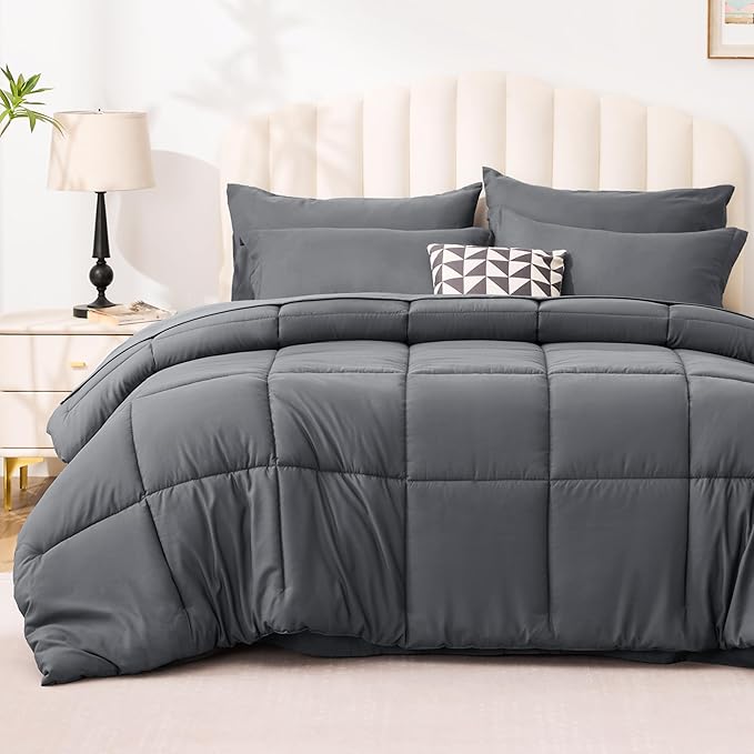 Love's cabin Full Comforter Set Soot Grey, 7 Pieces Full Bed in a Bag, All Season Bedding Sets with 1 Comforter, 1 Flat Sheet, 1 Fitted Sheet, 2 Pillowcase and 2 Pillow Sham