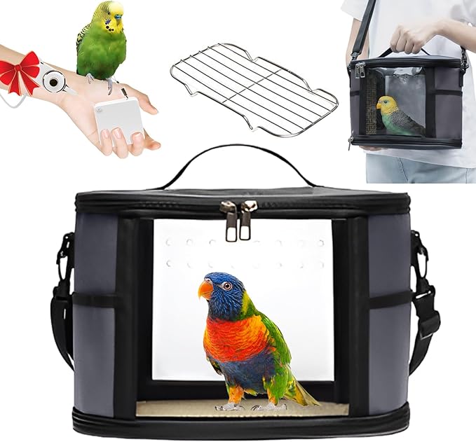 Bird Travel Carrierm, Small Bird Travel Backpack Carrier Cage with Tray and Breathable Clear Window, for Parakeet Cockatiel Budgies, for Camping Hiking (Large-Black)-Mewly Pet
