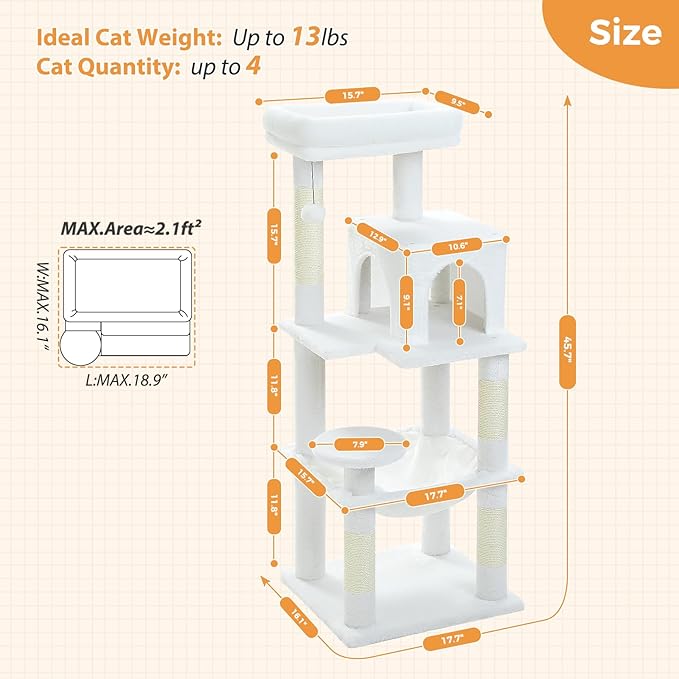 PETEPELA 45.7" Cat Tree for Large Cats, 5-Level Cat Tower for Indoor Cats with Large Hammock (17.3"x15.3"), Cat Condo with (18.5"x13") Big Top Perch & 4 Sisal Covered Scratching Post, White-Mewly Pet
