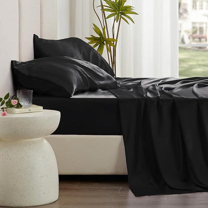 Love's cabin Twin XL Satin Sheet Sets - 3 Piece Black Silky Bed Sheets with Deep Pockets, Luxury Silk Feel Satin Sheet Set Twin XL (1 Flat Sheet,1 Fitted Sheet,1 Pillow case)