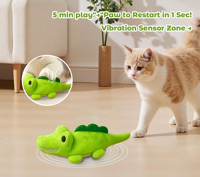 Interactive Cat Toys for Indoor Cats - Automatic Moving Cat Chase Toy for Bored Indoor Adult Cats - 360° Random Movement, Tail Wagging & Catnip Stimulation - Electric Croc(Short Plush)-Mewly Pet