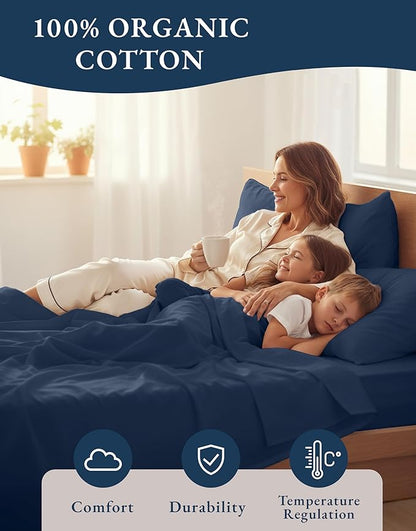 LANE LINEN 100% Organic Cotton California King Bed Sheets, 4-Piece Pure Percale Sheets Soft Breathable Cotton Bed Sheets, Deep Cal King Sheets for Thick Mattress - Navy