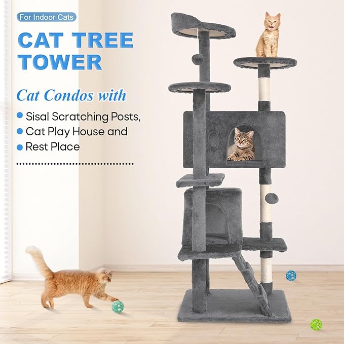 FDW Cat Tree 54in Cat Tower Multi-Level Durable Cat Scratching Post & Cozy Fun Cat Jumping Platform Space Saving Cat Condo Pet Play House for Indoor Cats,Light Gray-Mewly Pet