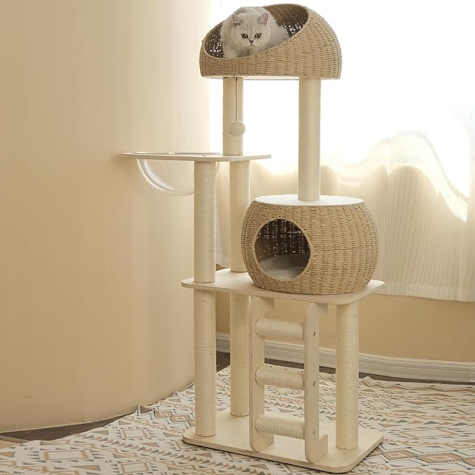 Rattan Cat Tree for Indoor Cats,Tall Cat Tree Tower with Cat Scratching Post,Wood Cat Tower for Indoor Cats,57.5 Inch Tall-Mewly Pet