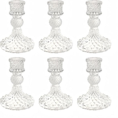 Glass Candlestick Holder,Striped Taper Candle Holders,Set of 6 Candle Stand for Table Centerpieces, Home Decor,Weddings,Festival and Parties (Clear Dimond Pattern)