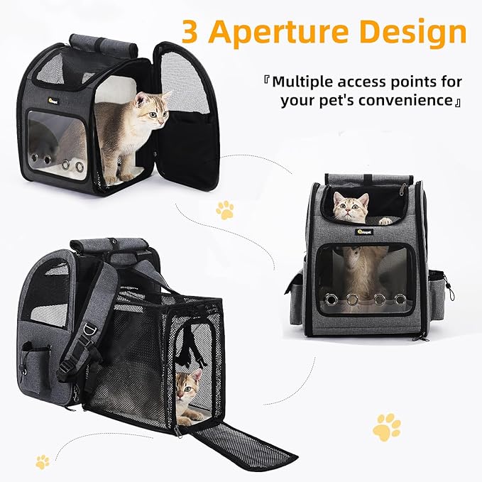 Hoopet Expandable Cat Backpack Carrier – Breathable Pet Carrier for Small Cats & Dogs, Foldable Travel Backpack with Mesh Ventilation for Hiking, Walking, Camping, Dark Grey-Mewly Pet