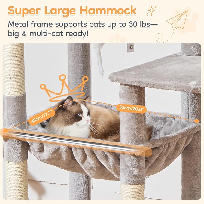 Taoqimiao 71 Inches Cat Tree for Indoor Cats Large Adult, Multi-Level Tall Cat Tower, 2 Cat Condo with 6 Scratching Posts, Super Large Hammcock, Cat Toys, Cozy Basket, Light Gray, MS037W-Mewly Pet