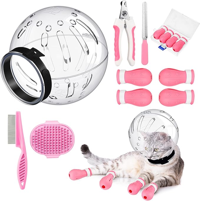Cat Muzzle for Grooming Cat Adjustable Hood with Paw Covers Nail Clipper Trimmer Brush Tick Remover Tool Kitten Breathable Anti Bite Muzzles Silicone Anti Scratch Boots for Cats Bathing Shaving-Mewly Pet