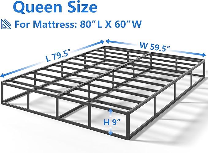 Qingzhou Box Spring for Queen Bed Bases, 9 Inch High Metal Queen Box Spring Only, Heavy Duty Mattress Foundation with Fabric Cover, Easy Assembly, Quiet Noise Free, Non Slip, Black