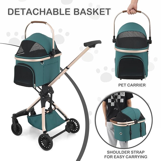 MoNiBloom 3 in 1 Pet Stroller with Adjustable Handle, Jogging Stroller w/Detachable Carrier & Lightweight Aluminum Frame for Dogs Cats, Hunter Green-Mewly Pet