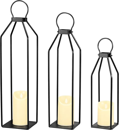 Perfnique Modern Farmhouse Lanterns, Set of 3 Black Metal Lanterns w/ 6hr Timer Flickering Flameless Candles, Decorative for Outdoor Decor, Front Porch, Indoor, Patio, Garden, Fireplace, Christmas