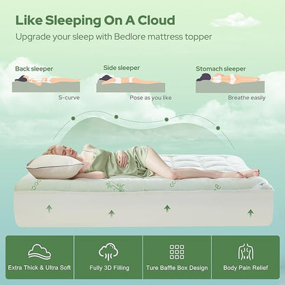 BEDLORE Full Size Mattress Topper Viscose Derived from Bamboo, Thick Pillow Top Mattress Pad with Stretchable Pockets for 6"-15" Mattress, Breathable Mattress Topper for Back Pain Relief