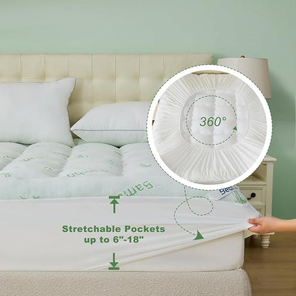 BEDLORE Queen Mattress Topper Viscose Derived from Bamboo, Thick Pillow Top Mattress Pad with Stretchable Pockets for 6-18 inches Mattress, Soft Mattress Topper for Back Pain Relief