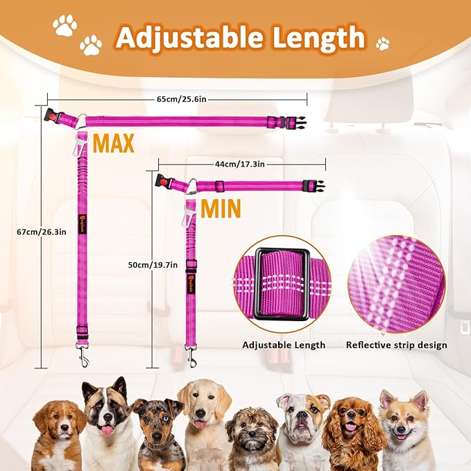 Removable Dog Seat Belt Harness for Car, 3 in 1 Pet Dog Car Seatbelt Leash, Retractable Restraint Secures to Vehicle Headrest & Adjustable Reflective Bungee Dog Seatbelt Tether, Rose-Mewly Pet